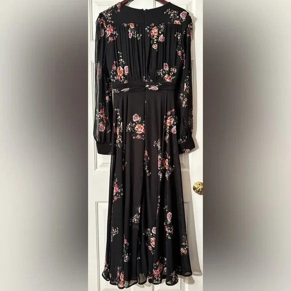IEENA FOR MAC DUGGAL Belted Floral Print Illusion Long Sleeve Gown Black Size 12 - Picture 5 of 16